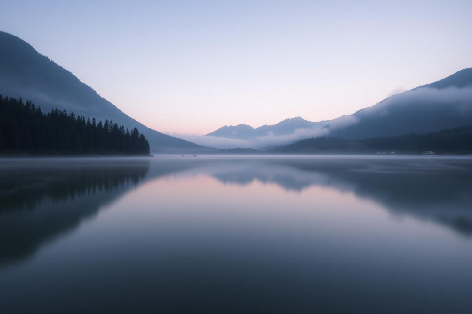 A calm mountain lake at dawn in British Columbia
